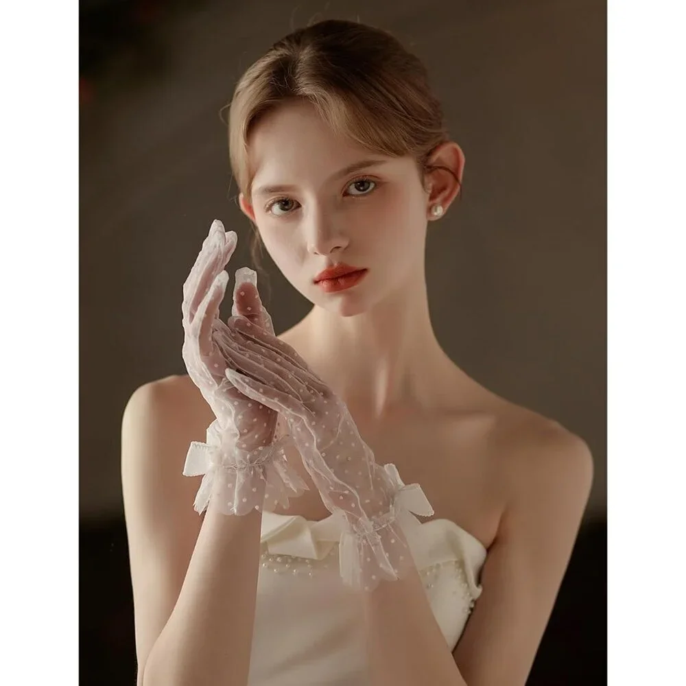 Women's Beige Short Polka Dot Lace Bow Mesh Party Wedding Bridal Gloves Prom